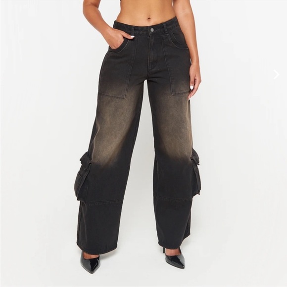 NWT Luxe To Kill Black/Brown Wash Oversized Cargo Jeans Size UK 4 US 0 - Picture 1 of 6